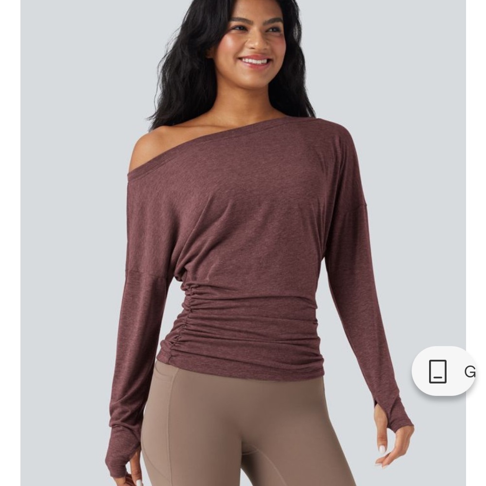 Halara Women's Off-Shoulder Long Sleeve Ruched Top burgundy